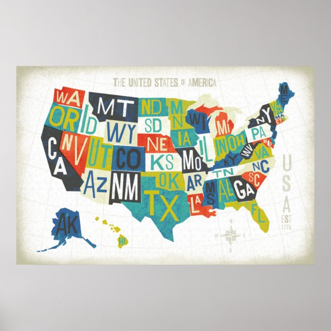 Póster Mapa de Letterpress USA (Frente)