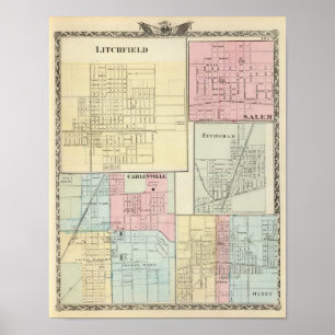 Póster Mapa de Litchfield, Carlinsville, Salem