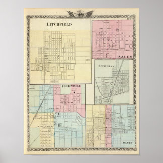 Póster Mapa de Litchfield, Carlinsville, Salem