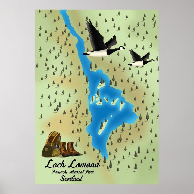 Póster Mapa de Loch Lomond, Trossachs, Escocia (Frente)