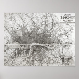 Póster Mapa de Londres moderno y de sus alrededores, 1854