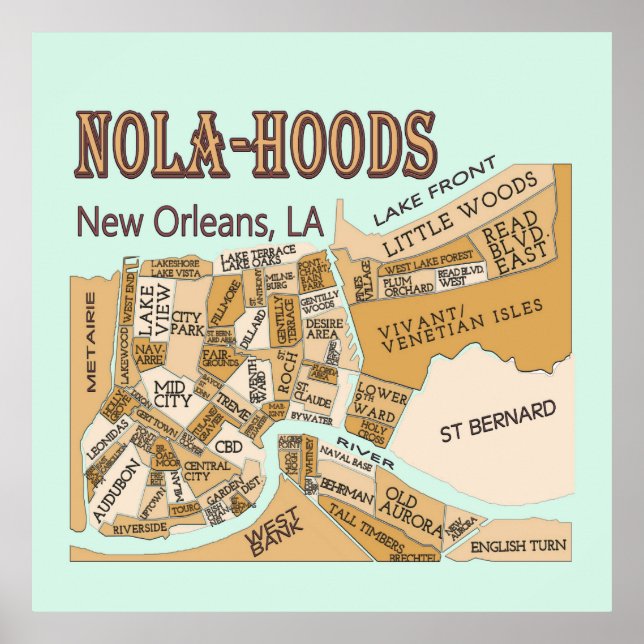 Póster Mapa de los barrios de Nueva Orleans, NOLA_HOODS (Frente)