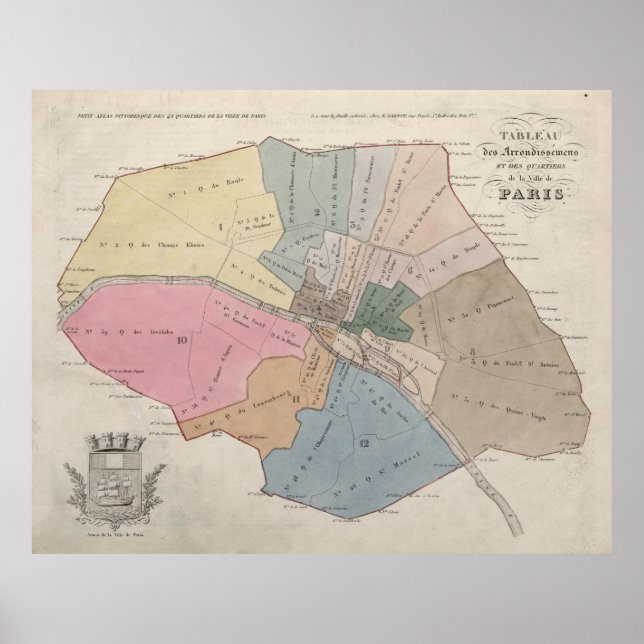 Póster Mapa de los barrios de París (1836) (Frente)