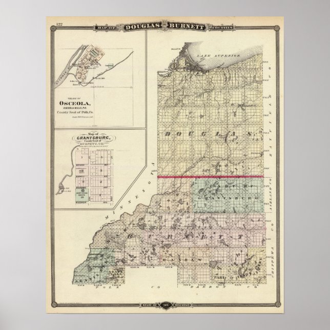 Póster Mapa de los condados de Douglas y Burnett (Frente)