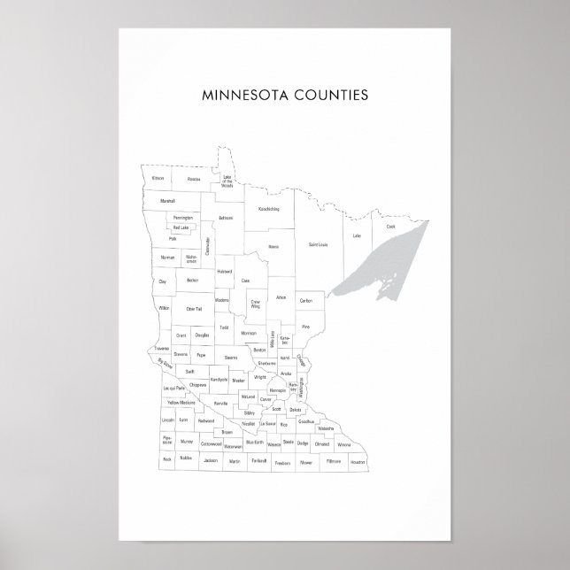 Póster Mapa de los condados de Minnesota con nombres de c (Frente)
