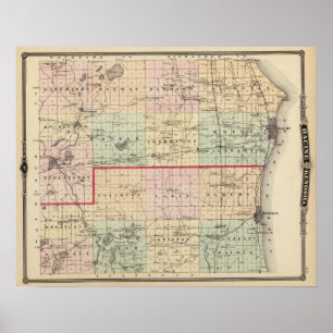 Póster Mapa de los condados de Racine y de Kenosha