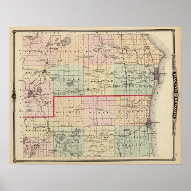 Póster Mapa de los condados de Racine y Kenosha (Frente)