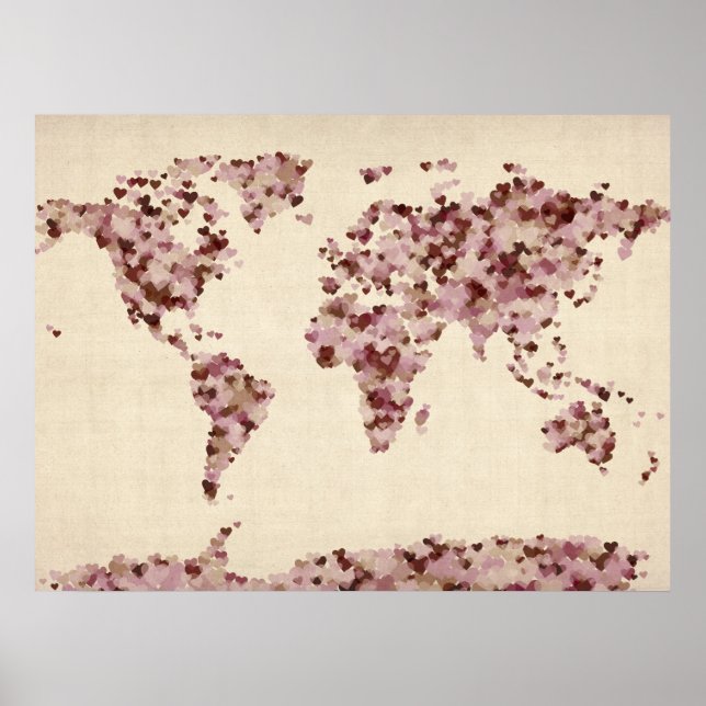 Póster Mapa de los corazones de amor del mapa mundial (Frente)
