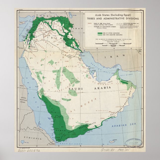 Póster Mapa de los Estados árabes (excluido Egipto) (1947 (Frente)
