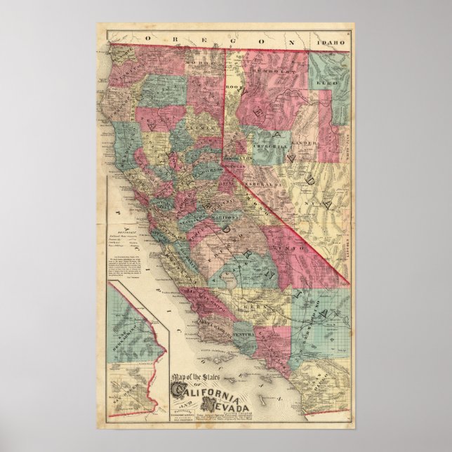 Póster Mapa de los estados de California y Nevada (Frente)