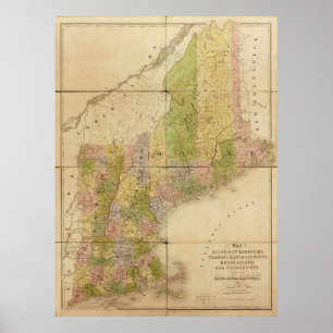 Póster Mapa de los estados de Maine y Nueva Inglaterra de