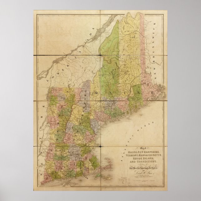 Póster Mapa de los estados de Maine y Nueva Inglaterra de (Frente)