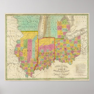 Póster Mapa de los estados de Ohio Indiana e Illinois