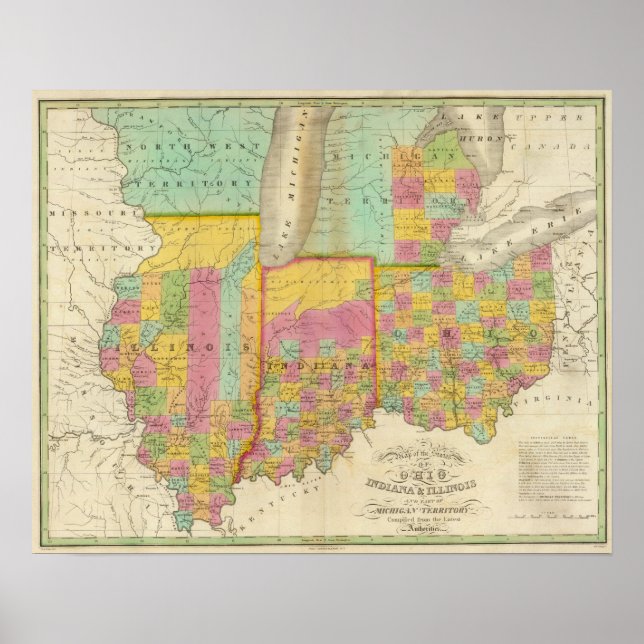 Póster Mapa de los estados de Ohio Indiana e Illinois (Frente)