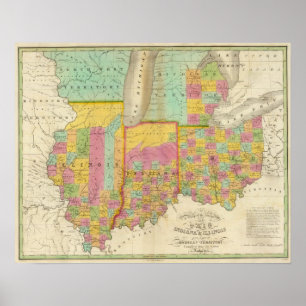 Póster Mapa de los estados de Ohio Indiana y de Illinois