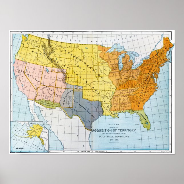 PÓSTER MAPA DE LOS ESTADOS UNIDOS, 1776-1884 (Frente)