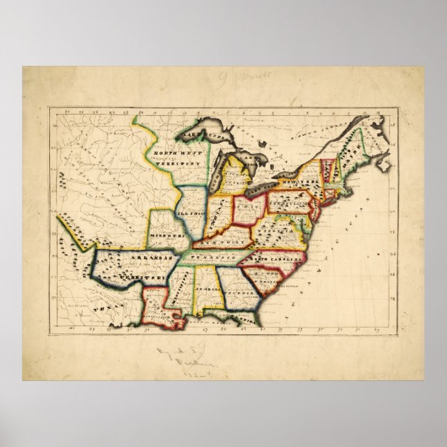 Póster Mapa de los Estados Unidos (alrededor de 1819-1824 (Frente)
