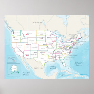 Póster Mapa de los Estados Unidos con capitales de estado