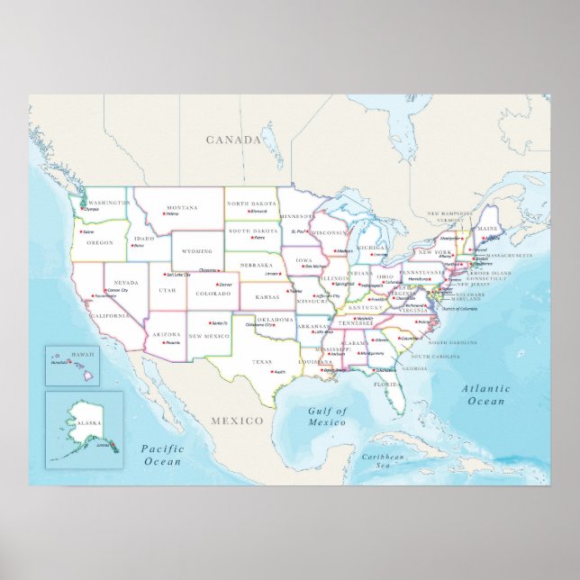 Póster Mapa de los Estados Unidos con capitales de estado (Frente)