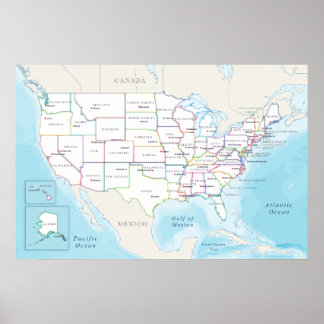 Póster Mapa de los Estados Unidos con capitales de estado