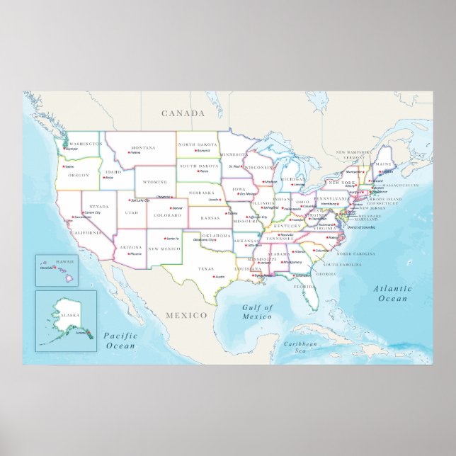 Póster Mapa de los Estados Unidos con capitales de estado (Frente)
