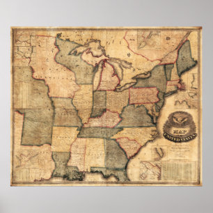 Póster Mapa de los Estados Unidos, Costa Este (1842)
