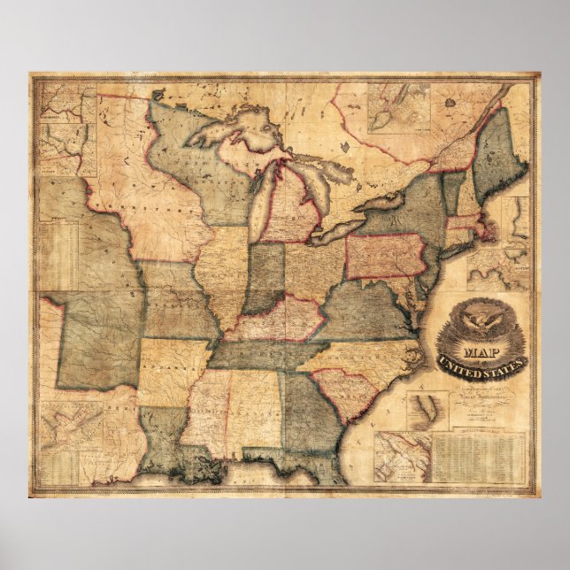 Póster Mapa de los Estados Unidos, Costa Este (1842) (Frente)