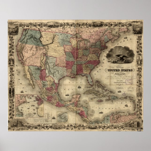 Póster Mapa de los Estados Unidos de América de 1850 (Frente)