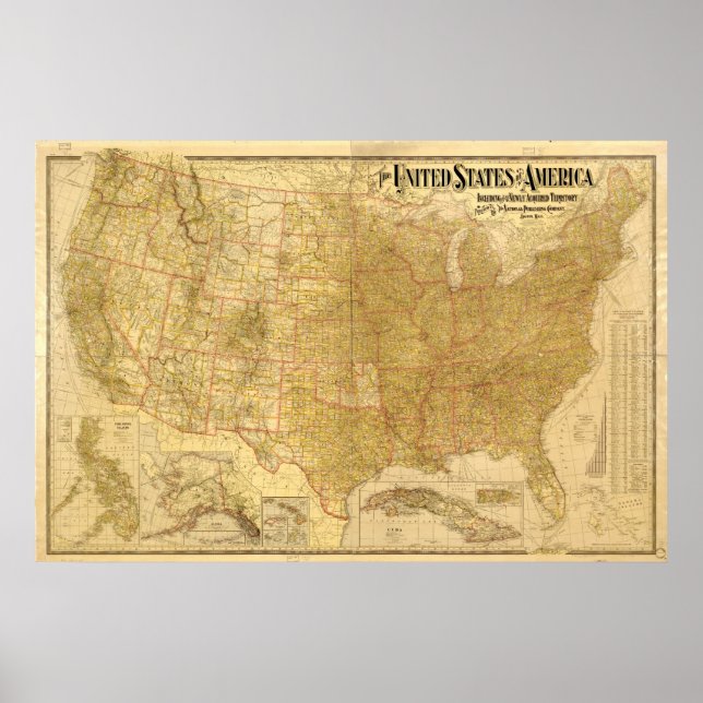 Póster Mapa de los Estados Unidos de América de 1901 (Frente)