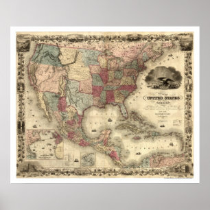 Póster Mapa de los Estados Unidos, por Colton 1850