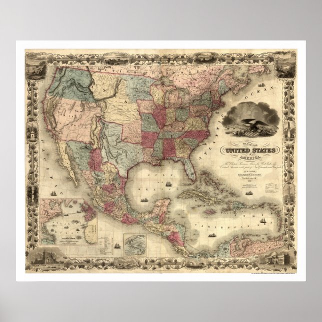 Póster Mapa de los Estados Unidos, por Colton 1850 (Frente)
