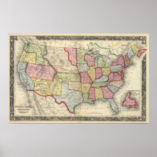 Póster Mapa de los Estados Unidos, y de los territorios