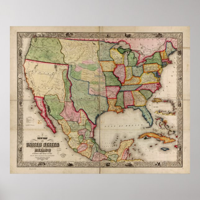 Póster Mapa de los Estados Unidos y México (1847) (Frente)