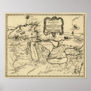 Póster Mapa de los Grandes Lagos y Nueva Francia/Canadá d