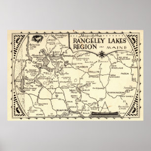 Póster Mapa de los lagos Rangeley Maine Vintage
