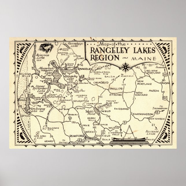 Póster Mapa de los lagos Rangeley Maine Vintage (Frente)