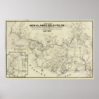 Póster Mapa De Los Nuevos Campos De Oro De Alaska
