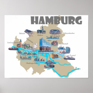Póster Mapa de los puntos culminantes de Hamburgo