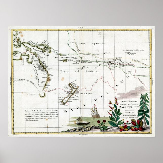 Póster Mapa de los viajes del capitán Cook en 1776 (Frente)