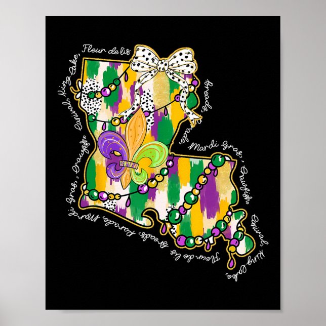 Póster Mapa de Louisiana Mardi Gras Coquette Bow Fat Tu (Frente)