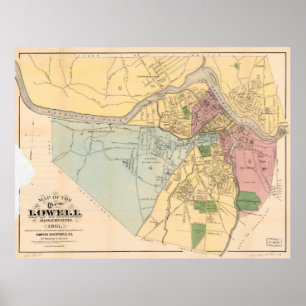 Póster Mapa de Lowell, Massachusets (1881)