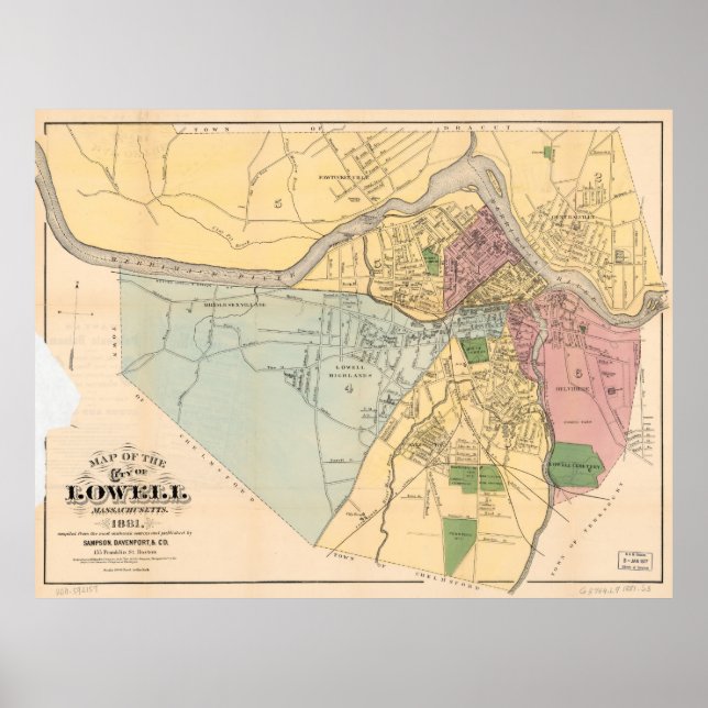 Póster Mapa de Lowell, Massachusets (1881) (Frente)