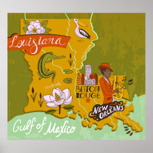 Póster Mapa de Luisiana ilustrado: aspectos más destacado