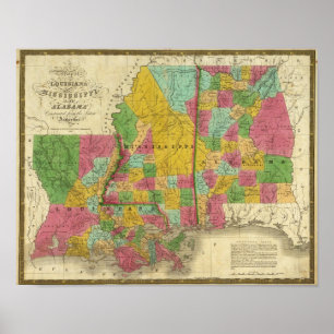 Póster Mapa de Luisiana, Misisipi y Alabama