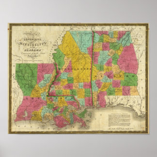Póster Mapa de Luisiana, Misisipi y Alabama