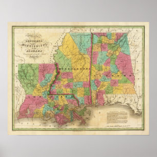 Póster Mapa de Luisiana Mississippi y Alabama