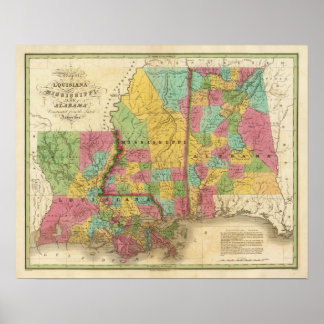 Póster Mapa de Luisiana Mississippi y Alabama