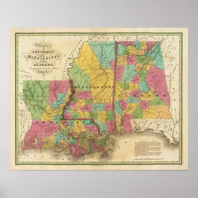 Póster Mapa de Luisiana Mississippi y Alabama (Frente)