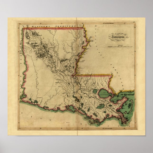 Póster Mapa de Luisiana Vintage 1814 (Frente)