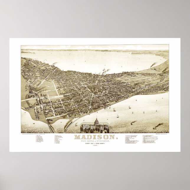 Póster Mapa de Madison, Wisconsin de 1885 (Frente)